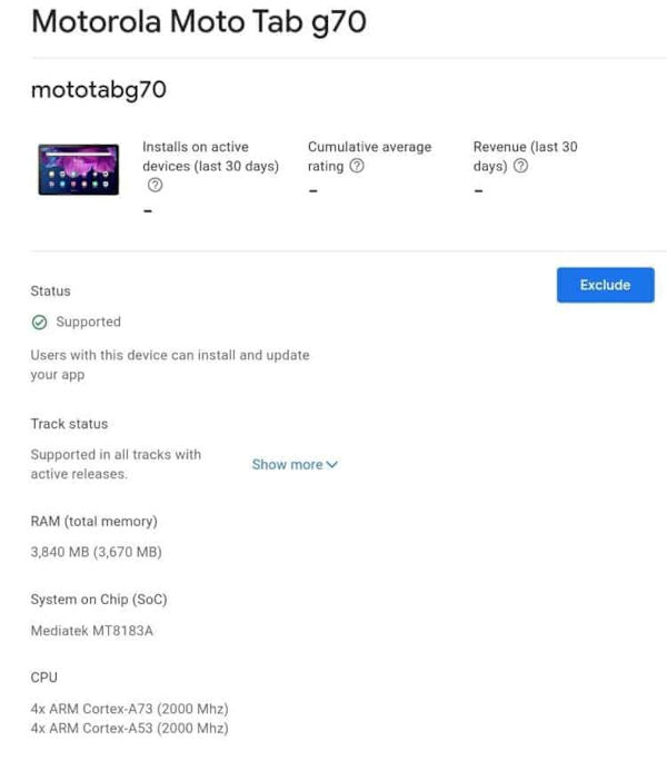Moto Tab G70 Tablet specs revealed