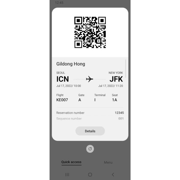 Samsung wallet stores Korean Air boarding passes