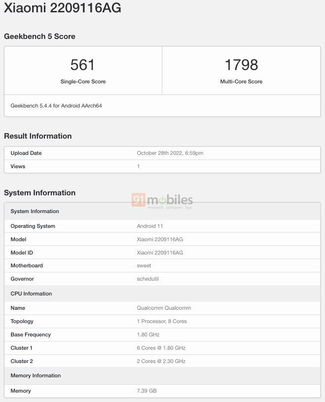 Redmi Note 11 Pro 2023 on geekbench