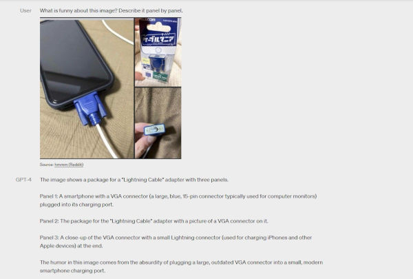 GPT 4 explaining whats funny about a Lightning cable shaped like a VGA cable