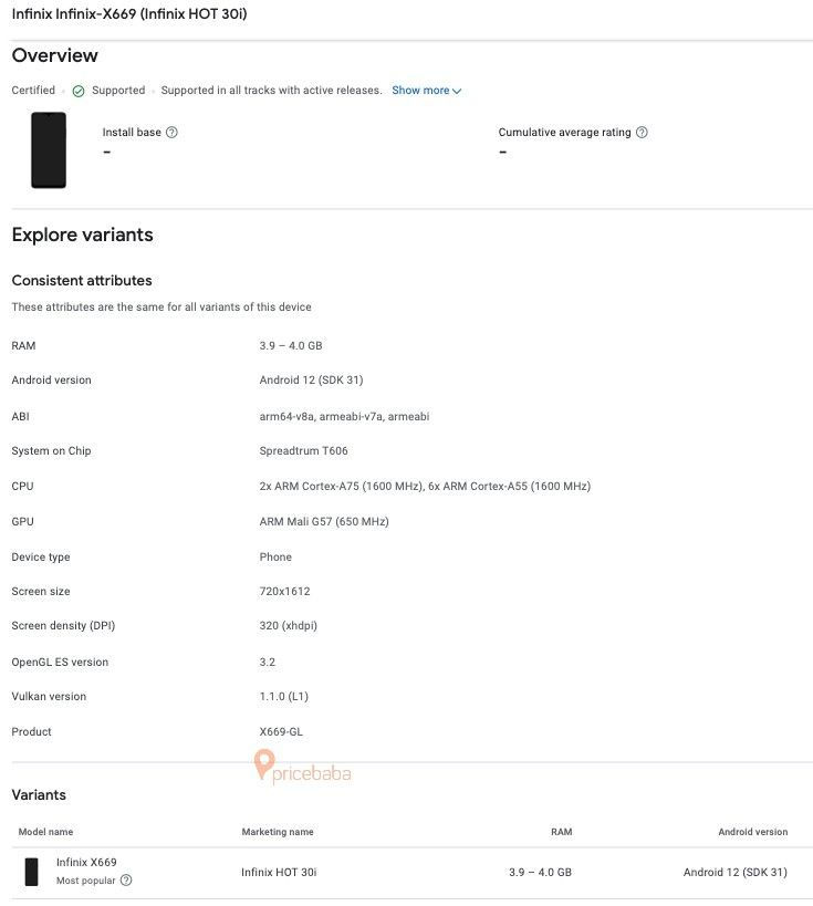Infinix Hot 30i details from the Google Play Console 1